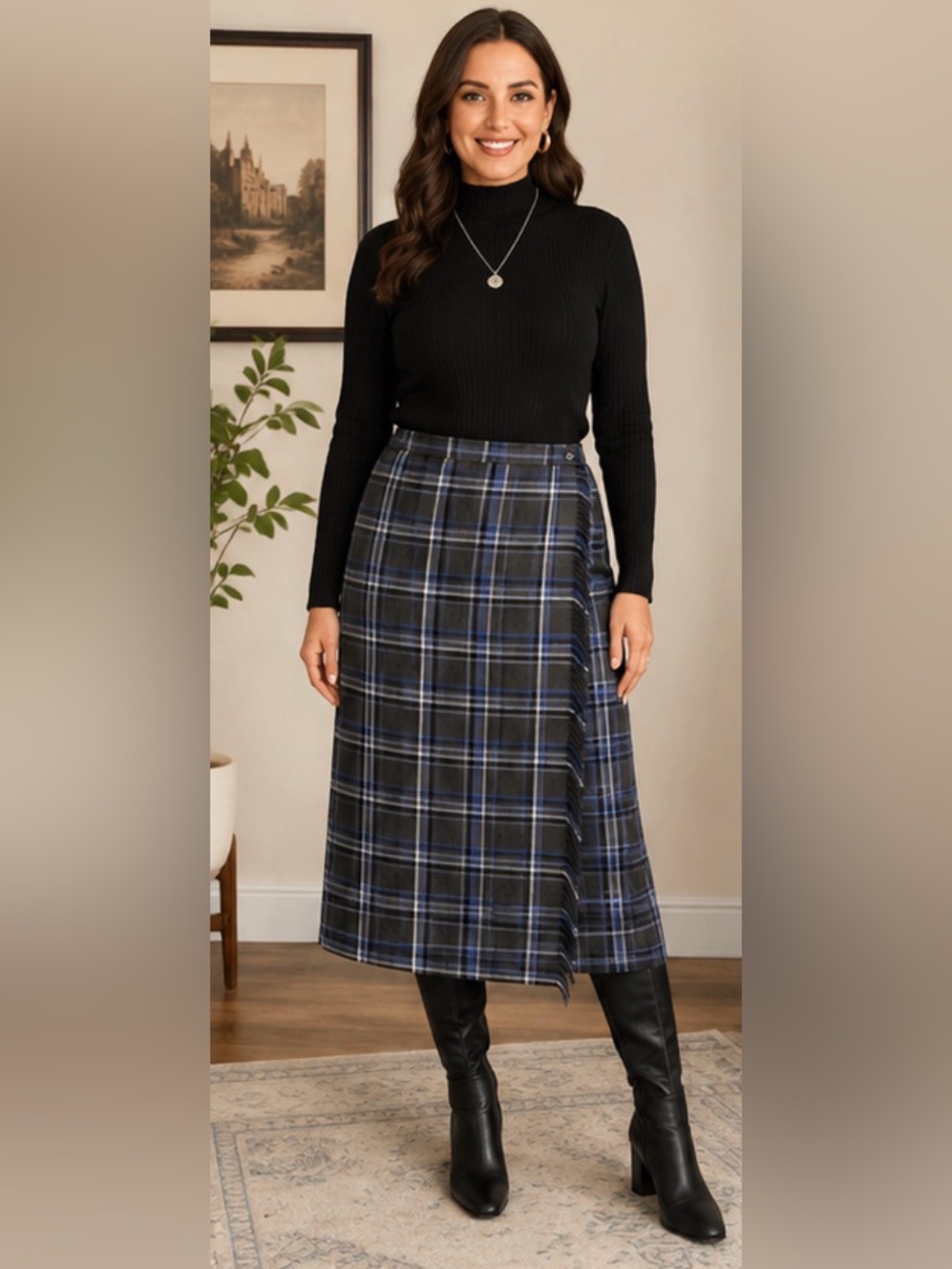Requirements Grey & Blue Plaid Tartan Wrap Skirt w/ Fringe- size 14